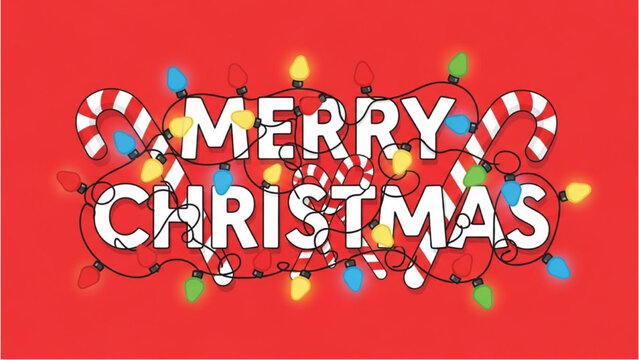 A vibrant Christmas illustration with festive string lights and candy canes on a bold red background