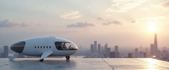 Personal flying vehicle parked on skyscraper helipad at sunset  