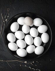 Black bowl filled with white eggs, featuring one speckled egg, displayed on a textured, dark backdrop