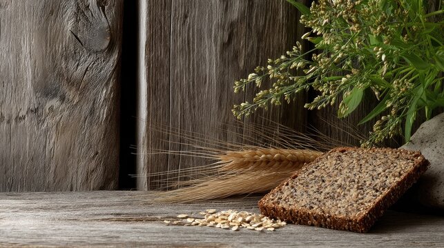 Rustic wooden table with whole grain bread, oats, and wheat stalks showcasing natural ingredients and rustic charm
