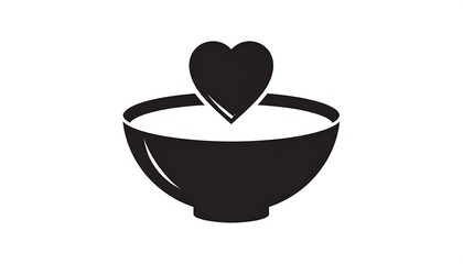 Black bowl fills w/white; heart floating on top. Simple design on solid background