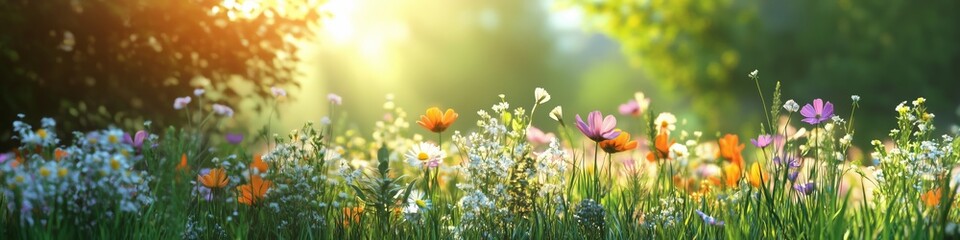 Vibrant Wildflower Field Glowing Under the Morning Sun in a Serene Forest Setting