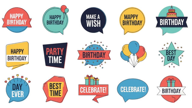 Colorful collection of birthday badge labels and message bubbles vector