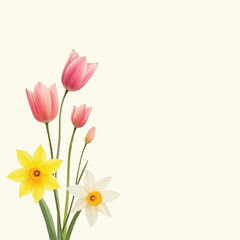 Naklejka premium Watercolor Style Vibrant Spring Tulips and Daffodils Bouquet