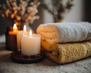 A serene self-care spa moment featuring relaxing scented candles, soft lighting, and a tranquil atmosphere for ultimate rejuvenation.