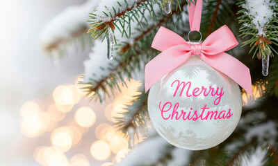 Christmas festive decoration with a soft pink bow and a greeting inscription on a fir branch with icicles