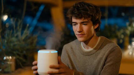 A startup founder testing a compact household carbon filter that reduces cooking-related emissions, blue indicator lights shifting as pollutants drop — indoor air quality tech, smart home