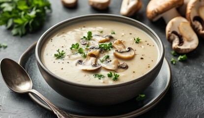 Creamy Mushroom Soup Served in a Rustic Bowl With Fresh Herbs and Sliced Mushrooms on a Dark Surface