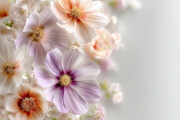 Elegant and chic seamless pattern with autumn cosmos flowers in pastel violet, pink, and white, densely blooming with soft leafy greens woven throughout