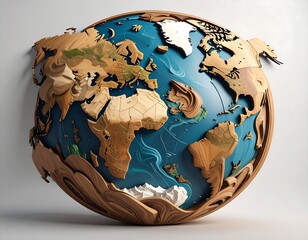 Carved globe depicting continents and oceans, primarily in light wood and blue, with textured depth against white