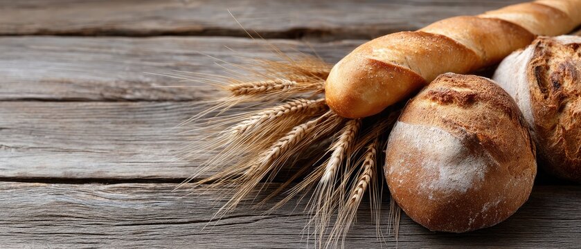 Freshly baked bread and wheat stalks on rustic wooden table creating a warm and inviting atmosphere for enjoying homemade meals