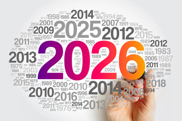 The year 2026 displayed boldly in color at the center of a circular cluster of past years, with a hand writing the number as a focal point