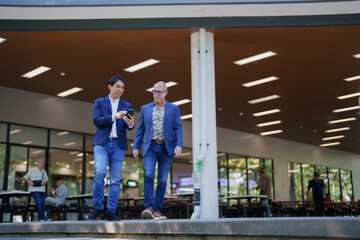 Businessmen discussing information on smartphone while walking