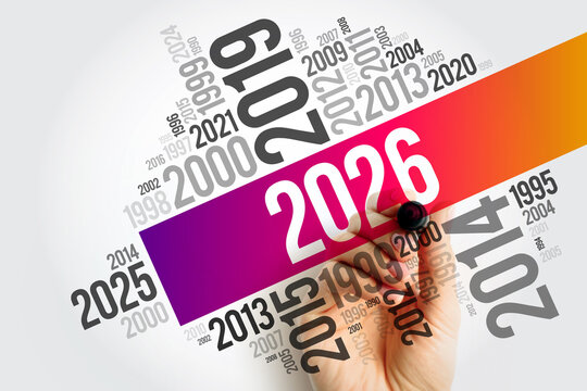 2026 displayed on a diagonal colored bar with numerous surrounding years scattered around, while a hand writes the central number