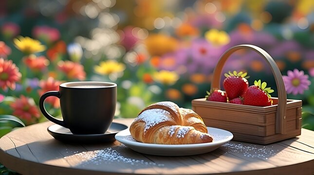 Cup of coffee with croissant and strawberries in vibrant flower garden