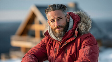 Confident mature man in red winter jacket with fur hood smiling outdoors - cozy mountain cabin atmosphere, self-assured masculine energy and winter lifestyle concept