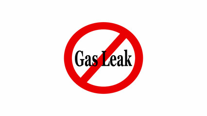 A red circle with a diagonal line through it and the words gas leak in black letters inside it centered