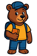 Friendly bear character with backpack and book in casual outfit enjoys a school day in a colorful design