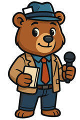 Obraz premium Cute cartoon bear reporter holding a microphone and notepad, dressed in a tan jacket and blue hat