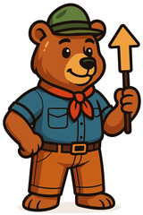 Cute bear ranger character holding a wooden sign in a cheerful outdoor adventure setting