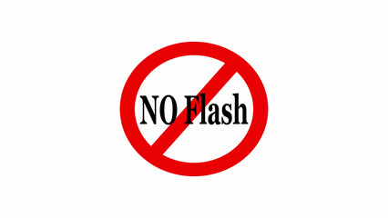A red circle with a diagonal line through it and the words no flash in black on a white background