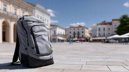 Backpack resting on stone pavement in a vibrant town square filled with activity and clear skies
