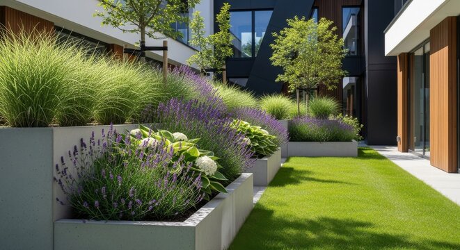 Modern Courtyard Garden with Lavender and Ornamental Grass - Powered by Adobe