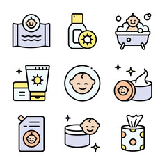 Baby cosmetics color icons set. Cosmetic bottles and beauty products for skincare routine, moisturizing and cleansing. Vector symbols isolated on white background.
