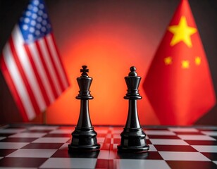Naklejka premium Chessboard with two kings facing the flags of the USA and China, implying geopolitical tension