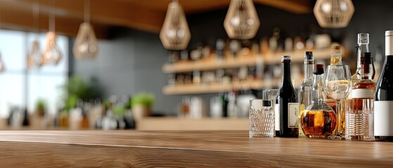 Bottles of assorted beverages on a wooden bar counter in a modern lounge setting during the evening