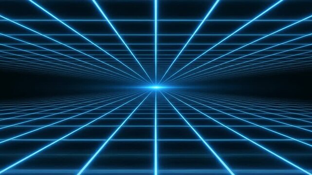Seamlessly looping infinite deep space grid pattern receding into a dark digital void with pulsing blue light black, space, animation