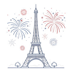 Fototapeta premium A minimal Eiffel Tower design accented with small abstract fireworks creating a festive modern visual highlighting