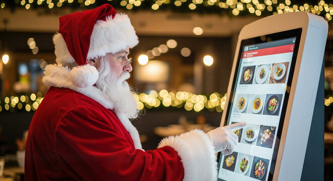 Santa Claus selecting food at a café for holiday marketing, festive promotions, and restaurant advertising