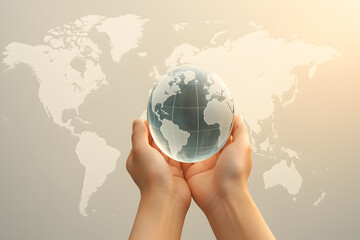 Hands holding glass globe in front of world map, global responsibility and environmental care concept
