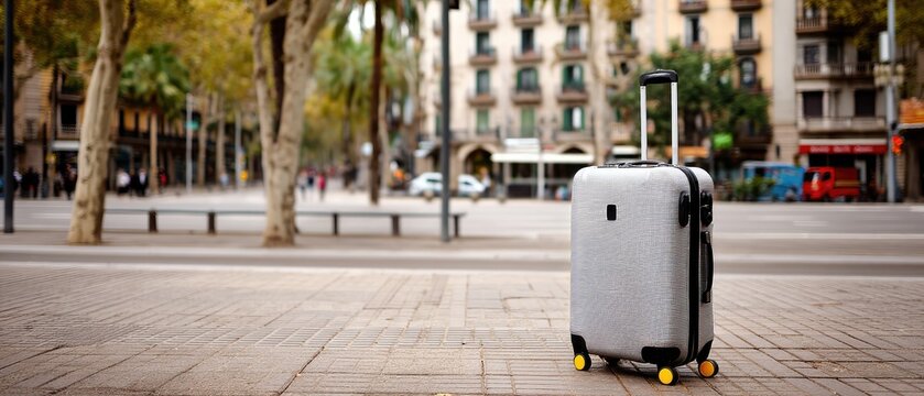 Lone suitcase waits on a city street amidst autumn trees and historic buildings in Barcelona during the afternoon hours