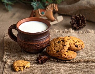 Ceramic mug of milk and chocolate chip cookies on burlap with decorative elements for festive holiday background