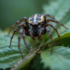 Fototapeta premium Close-up of a spider patiently waiting on green leaves, highlighting its detailed body.