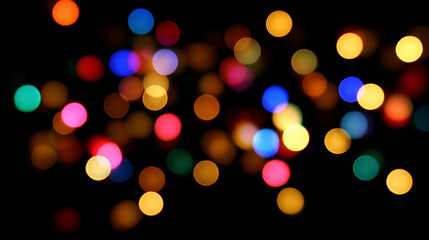 Abstract colorful Christmas bokeh lights isolated on black background for overlay texture. Blurred glowing spots and dots pattern for festive holiday design element.