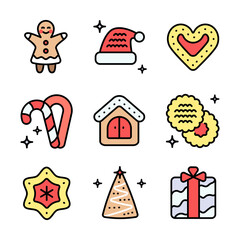 Christmas cookies color icons set. Different gingerbread cookies symbols. Christmas signs depicting various festive elements, bringing holiday cheer and wintertime spirit.