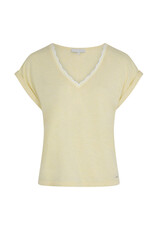 A light yellow short sleeve t shirt with a relaxed fit and a soft rounded neckline for casual wear