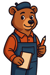 Cheerful bear character dressed as a worker holding a pencil and clipboard in a cartoon style setting
