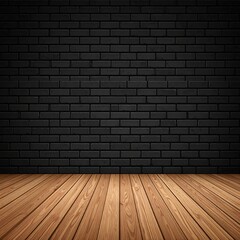 Black brick wall fades into wooden floor in a perspective interior room setting with light reflecting on surface