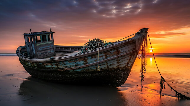 Old abandoned fishing boat stranded on beach at sunset