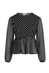 Chic black and white polka dot long sleeve cropped peasant blouse with ruffled hem © mdishakrahman