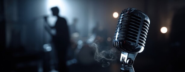 The Vintage Microphone on a Smoky Stage with Singer and Band
