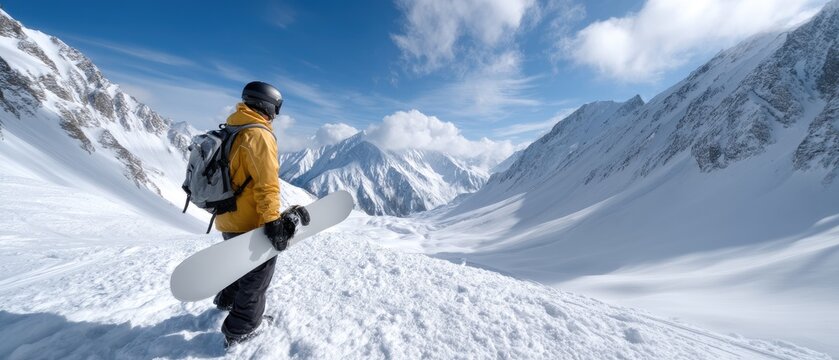 Snowboarder takes in the breathtaking view from a mountain peak under a clear blue sky with snowy slopes in the background during winter