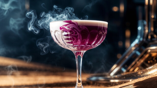 Luxury Qatar Flag Design Cocktail with White Smoke in Elegant Coupe Glass