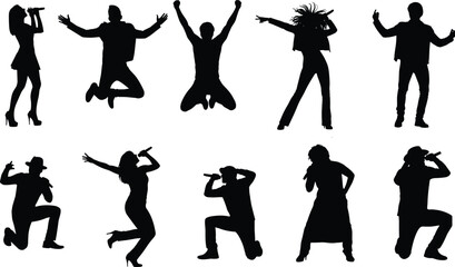 Silhouette singers performing on stage, energetic dance poses, live concert vibe, microphone in hand, expressive movement, music passion, black vector illustration