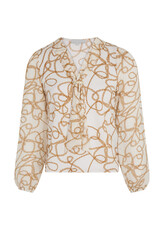 Elegant cream and gold chain print blouse with puffed sleeves and tie neck detail