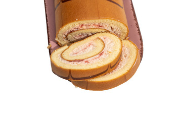 Close-up of Swiss roll on a platter with two slices stacked in front, isolated on white. Detailed sponge texture with strawberry cream swirls and chocolate stripes.
